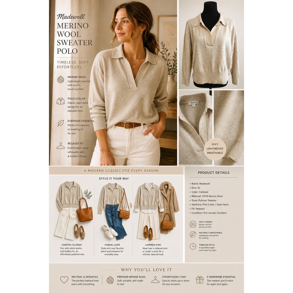 Madewell Merino Wool Sweater Polo Pullover Collar XL Oatmeal Classic Fair Trade